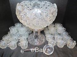 L. E. Smith vintage Daisy & Button Punch Bowl Stand 32 Footed Cups Ladle