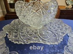 L E SmithVintage Heavy Glass Daisy & Button Punch Bowl Pattern Set with 24 Cups