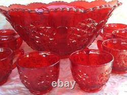 L. G. WRIGHT EAPG RED PUNCH BOWL & CUPS 9pcs, DAISY & BUTTON PATTERN