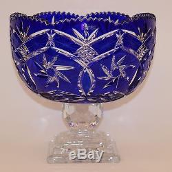 Large Cobalt Blue Cut To Clear Footed Centerpiece Punch Bowl