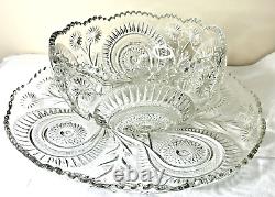 LARGE L. E. Smith Pinwheel & Stars Cupped Punch Bowl withUnderplate & Glass Ladle