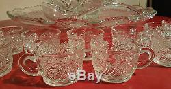 Large Vintage Antique Eapg Glass Punch Bowl 12 Cup Glass Ladle & Tray Party Set
