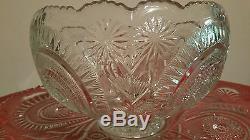 Large Vintage Antique Eapg Glass Punch Bowl 12 Cup Glass Ladle & Tray Party Set
