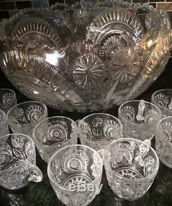 Large Vintage Antique Eapg Glass Punch Bowl 12 Cups & Tray Party Set
