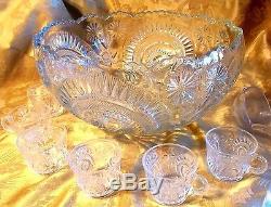 LARGE VINTAGE ANTIQUE EAPG GLASS PUNCH BOWL-14 CUPS-GLASS LADEL-PARTY SET