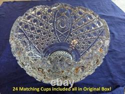 LE SMITH GLASS DAISY & BUTTON PUNCH BOWL With 24 Cups in Orig Box