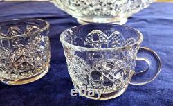 LE SMITH GLASS DAISY & BUTTON PUNCH BOWL With 24 Cups in Orig Box