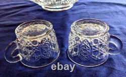 LE SMITH GLASS DAISY & BUTTON PUNCH BOWL With 24 Cups in Orig Box