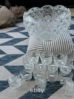 LE SMITH Glass DAISY & HOBSTAR BUTTON PUNCH BOWL 19 Pc Set 18 Cups/Bowl/receipt