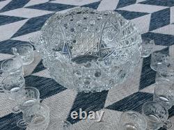 LE SMITH Glass DAISY & HOBSTAR BUTTON PUNCH BOWL 19 Pc Set 18 Cups/Bowl/receipt