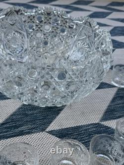 LE SMITH Glass DAISY & HOBSTAR BUTTON PUNCH BOWL 19 Pc Set 18 Cups/Bowl/receipt