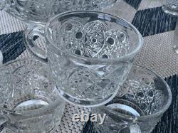 LE SMITH Glass DAISY & HOBSTAR BUTTON PUNCH BOWL 19 Pc Set 18 Cups/Bowl/receipt