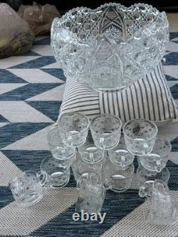LE SMITH Glass DAISY & HOBSTAR BUTTON PUNCH BOWL 19 Pc Set 18 Cups/Bowl/receipt