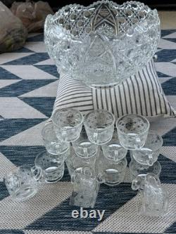 LE SMITH Glass DAISY & HOBSTAR BUTTON PUNCH BOWL 19 Pc Set 18 Cups/Bowl/receipt