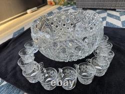 LE SMITH Glass DAISY & HOBSTAR BUTTON PUNCH BOWL 19 Pc Set 18 Cups/Bowl/receipt