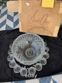 LE SMITH Glass DAISY & HOBSTAR BUTTON PUNCH BOWL 19 Pc Set 18 Cups/Bowl/receipt