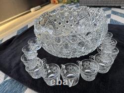 LE SMITH Glass DAISY & HOBSTAR BUTTON PUNCH BOWL 19 Pc Set 18 Cups/Bowl/receipt