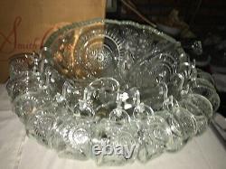 LE SMITH Glass PINWHEEL&STAR Slewed Horseshoe 14pc PUNCH BOWL SET Stand with LADLE