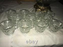 LE SMITH Glass PINWHEEL&STAR Slewed Horseshoe 14pc PUNCH BOWL SET Stand with LADLE