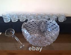 LE Smith 13 Punch Bowl EAPC Prescut Glass Daisy & Button With 17 Cups Glass Ladle