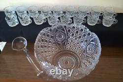 LE Smith 13 Punch Bowl EAPC Prescut Glass Daisy & Button With 17 Cups Glass Ladle