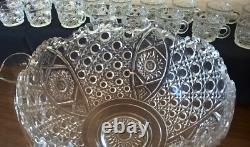 LE Smith 13 Punch Bowl EAPC Prescut Glass Daisy & Button With 17 Cups Glass Ladle