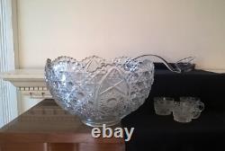 LE Smith 13 Punch Bowl EAPC Prescut Glass Daisy & Button With 17 Cups Glass Ladle