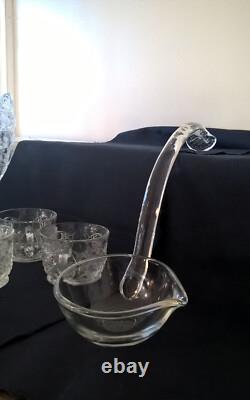 LE Smith 13 Punch Bowl EAPC Prescut Glass Daisy & Button With 17 Cups Glass Ladle