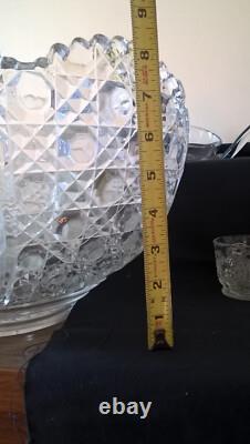 LE Smith 13 Punch Bowl EAPC Prescut Glass Daisy & Button With 17 Cups Glass Ladle