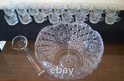 LE Smith 13 Punch Bowl EAPC Prescut Glass Daisy & Button With 17 Cups Glass Ladle