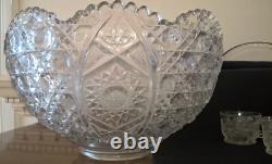 LE Smith 13 Punch Bowl EAPC Prescut Glass Daisy & Button With 17 Cups Glass Ladle