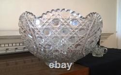 LE Smith 13 Punch Bowl EAPC Prescut Glass Daisy & Button With 17 Cups Glass Ladle