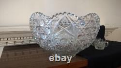 LE Smith 13 Punch Bowl EAPC Prescut Glass Daisy & Button With 17 Cups Glass Ladle