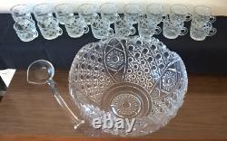 LE Smith 13 Punch Bowl EAPC Prescut Glass Daisy & Button With 17 Cups Glass Ladle