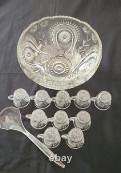 LE Smith 14.5X8 Punch Bowl, 10 Cups Pinwheel & Stars Etched & Plastic Ladle
