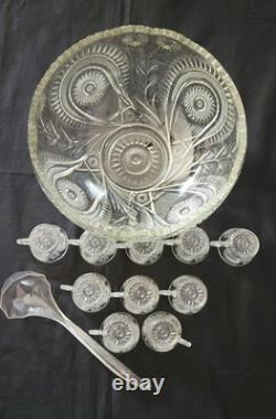 LE Smith 14.5X8 Punch Bowl, 10 Cups Pinwheel & Stars Etched & Plastic Ladle