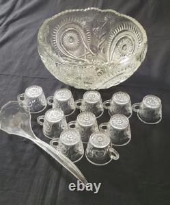 LE Smith 14.5X8 Punch Bowl, 10 Cups Pinwheel & Stars Etched & Plastic Ladle