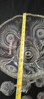 LE Smith 14.5X8 Punch Bowl, 10 Cups Pinwheel & Stars Etched & Plastic Ladle