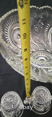 LE Smith 14.5X8 Punch Bowl, 10 Cups Pinwheel & Stars Etched & Plastic Ladle