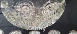 LE Smith 14.5X8 Punch Bowl, 10 Cups Pinwheel & Stars Etched & Plastic Ladle