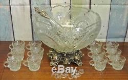 LE Smith Colony Pinwheel & Star Pattern Punch Bowl withPitman Dreitze Base 12 cups