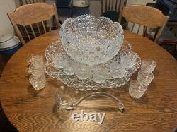 LE Smith Cut crystal punch bowl Daisy&Button Pattern WithUnderplate/12 Cups/Ladle