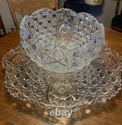 LE Smith Cut crystal punch bowl Daisy&Button Pattern WithUnderplate/12 Cups/Ladle