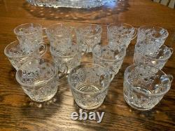 LE Smith Cut crystal punch bowl Daisy&Button Pattern WithUnderplate/12 Cups/Ladle