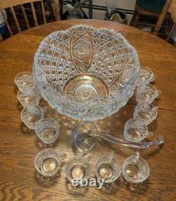 LE Smith Cut crystal punch bowl Daisy&Button Pattern WithUnderplate/12 Cups/Ladle