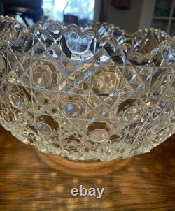 LE Smith Cut crystal punch bowl Daisy&Button Pattern WithUnderplate/12 Cups/Ladle