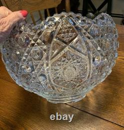 LE Smith Cut crystal punch bowl Daisy&Button Pattern WithUnderplate/12 Cups/Ladle