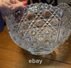 LE Smith Cut crystal punch bowl Daisy&Button Pattern WithUnderplate/12 Cups/Ladle
