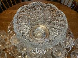 LE Smith Cut crystal punch bowl Daisy&Button Pattern WithUnderplate/12 Cups/Ladle