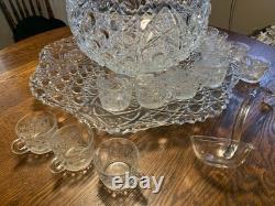 LE Smith Cut crystal punch bowl Daisy&Button Pattern WithUnderplate/12 Cups/Ladle
